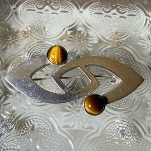 vintage modernist sterling silver pin brooch with two tiger's eye gemstones